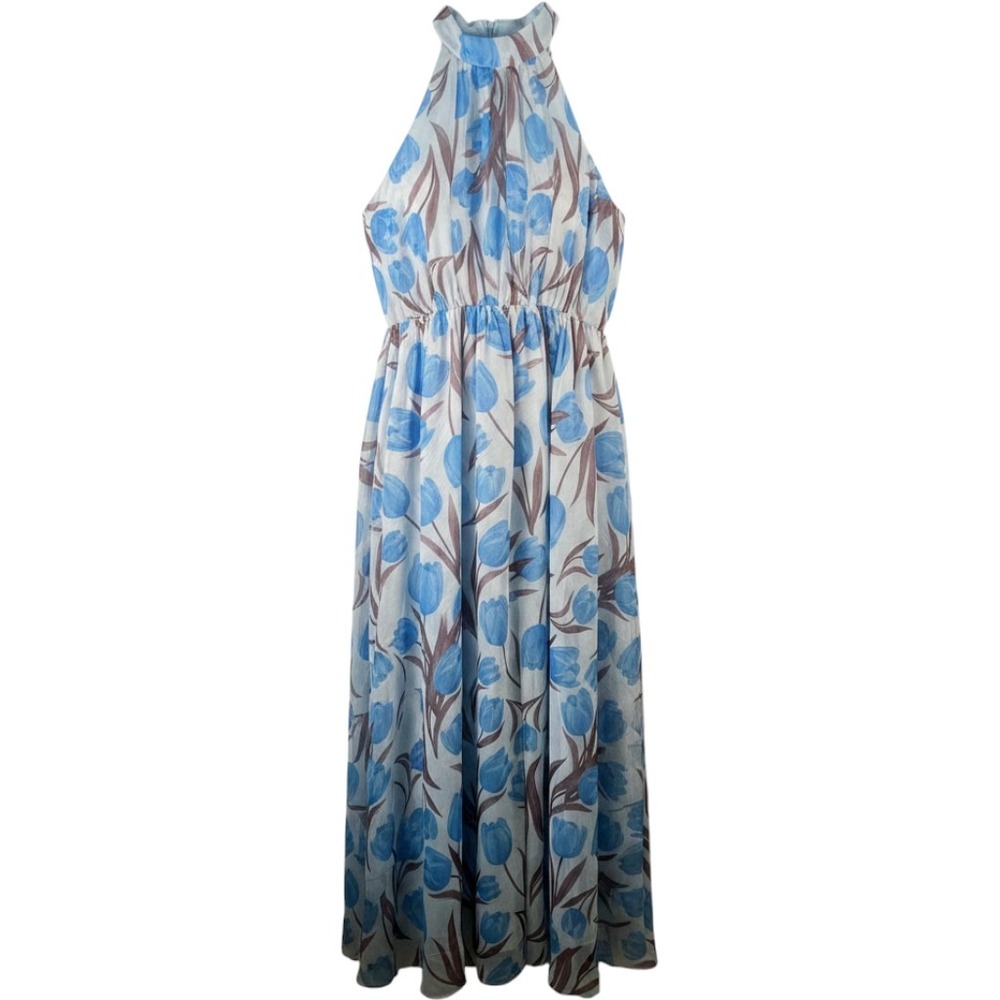 NEW FEHAUTE Blue Floral Halter Maxi Dress 4 Sleeveless Boho Cottagecore Garden